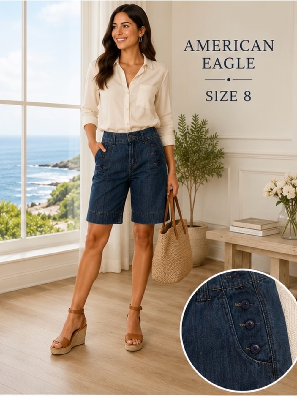 American Eagle Sailor Button Denim Bermuda Shorts Size 8 Regular